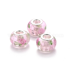 Perles européennes vernissées manuelles, perles de rondelle avec grand trou , en laiton de tonalité de platine noyaux doubles, perle rose, 14~15x9~10mm, Trou: 5mm