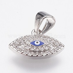 Brass Micro Pave Cubic Zirconia Charms, with Enamel, Eye, Platinum, 9x14x2.5mm, Hole: 3.5x4.5mm