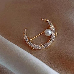 Spilla in strass di vetro in lega, Distintivo da donna vintage in plastica con perla imitazione per San Valentino, luna, 32mm