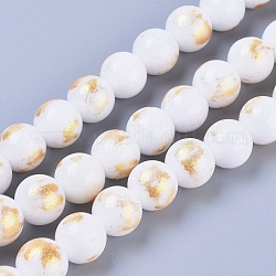 Natürliche Jade Perlen Stränge, mit Goldfolie, gefärbt, Runde, weiß, 6 mm, Bohrung: 1 mm, ca. 70 Stk. / Strang, 15.75 Zoll (40 cm)
