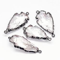 Connecteurs de liens de cristal de quartz galvanoplastie, cristal de roche, avec accessoires en laiton, pointe de flèche, gunmetal, 30~47x14~23x5~12mm, Trou: 2mm