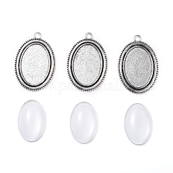 DIY Pendant Making, with Tibetan Style Alloy Pendant Cabochon Settings and Transparent Oval Glass Cabochons, Antique Silver, Cabochons: 30x20x6mm, 1pc/set, Settings: 44x30x2mm, hole: 3mm, 1pc/set