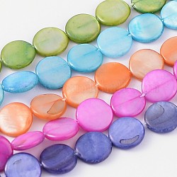 Chapelets de perles de coquillage naturel, plat rond, teinte, couleur mixte, environ 10 mm de diamètre, Trou: 0.5mm, environ 40 pcs / brin, 16 pouce