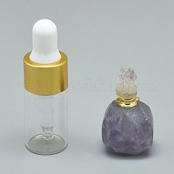 Natürliche, aus Fluorit zu öffnende Parfümflaschenanhänger, mit Messingfunden und Glasflaschen mit ätherischen Ölen, 30~36x18~20x9.5~16 mm, Bohrung: 0.8 mm, Fassungsvermögen der Glasflasche: 3 ml (0.101 fl. oz), Edelsteinkapazität: 1 ml (0.03 fl. oz)