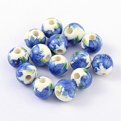 Perles de porcelaine imprimées manuelles, ronde, bleu royal, 10mm, Trou: 3mm