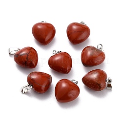 Pendentifs de jaspe rouge naturel, avec boucles en laiton platine, cœur, 18~19x15~15.5x6~8mm, Trou: 6x2.5~3mm