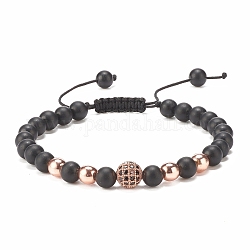 Natural Obsidian & Synthetic Hematite Braided Bead Bracelet with Cubic Zirconia, Gemstone Jewelry for Women, Rose Gold, Inner Diameter: 2-1/8~3-5/8 inch(5.4~9.2cm)