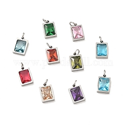 304 Stainless Steel Pendants, with Cubic Zirconia and Jump Rings, Single Stone Charms, Rectangle, Stainless Steel Color, Mixed Color, 11.5x8x3.5mm, Hole: 3.6mm