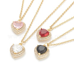 Brass Micro Pave Cubic Zirconia Pendant Necklaces, with Rhinestone and 304 Stainless Steel Cable Chains, Heart, Golden, Mixed Color, 17.72 inch(45cm)
