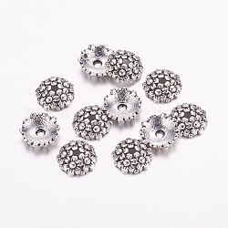 Coppette copriperla di perline stile tibetano,  piombo libero,  cadmio e nichel libero, fiore, argento antico, 11x3.5mm, Foro: 2 mm