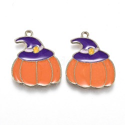 Pendentifs en émail en alliage thème automne, citrouille orange avec chapeau magique violet, or clair, 22x18.5x1.5mm, Trou: 1.6mm