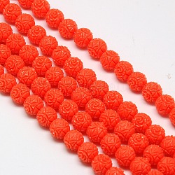Synthetic Coral Beads Strands, Dyed, Round Beads Carved Flower Rose, Orange Red, 20mm, Hole: 1mm, about 15pcs/strand, 15.74 inch