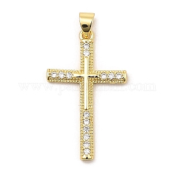 Brass Micro Pave Cubic Zirconia Pendants, Real 16K Gold Plated, Cross, Clear, 31.5x19x2.5mm, Hole: 4x3.5mm