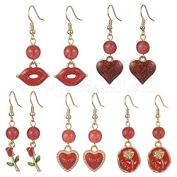 Ohrhänger aus Emaille zum Valentinstag mit Messingstiften, Mischformen, rot, 41~50x9~18.5 mm