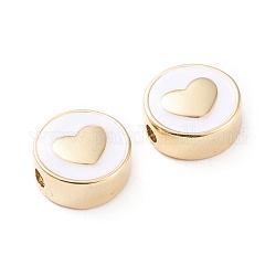 Brass Enamel Beads, Long-Lasting Plated, Flat Round with Heart, White, Real 18K Gold Plated, 11x5mm, Hole: 1.8mm