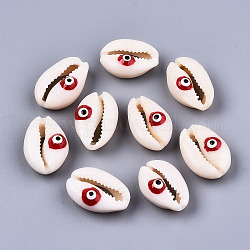 Natürliche Kaurimuschel Perlen, mit Emaille, kein Loch / ungekratzt, bösen Blick, rot, 18~22x13~14x6~8 mm