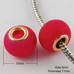 Glass European Beads, with Golden Plated Brass Double Cores, Large Hole Beads, Rubberized Style, Rondelle, Crimson, 15x11mm, Hole: 5mm