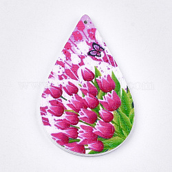 Gros pendentifs en bois imprimés, teinte, larme avec motif de fleurs, colorées, 59x36x2.5mm, Trou: 1.5mm