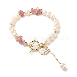 Natural Strawberry Quartz Chip Beaded Bracelet, Natural Pearl Bracelet, Shell Shape and Chain Tassel Charm Bracelet for Women, Golden, 7-5/8 inch(19.5cm)