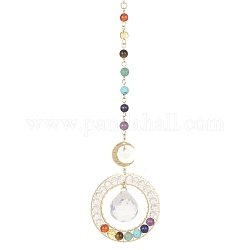 Glass Teardrop Pendant Decorations, lapis lazuli, with Chakra Gemstone Beads and Brass Moon Link, for Home Decoration, 245mm