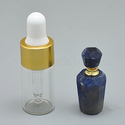 Natürliche Lapislazuli zu öffnende Parfümflasche Anhänger, mit Messingfunden und Glasflaschen mit ätherischen Ölen, 29~33x14~15 mm, Bohrung: 0.8 mm, Fassungsvermögen der Glasflasche: 3 ml (0.101 fl. oz), Edelsteinkapazität: 1 ml (0.03 fl. oz)