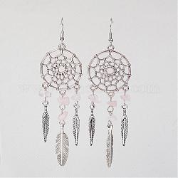 Boucles d'oreilles en quartz rose naturel, avec les accessoires en métal, filet tissé / toile avec boucles d'oreilles en plumes, 95mm, broche, 0.6mm