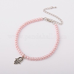 Glass Pearl Anklets, with Tibetan Style Antique Silver Palm Pendants, Zinc Alloy Lobster Claw Clasps and Iron End Chains, Pink, 215mm