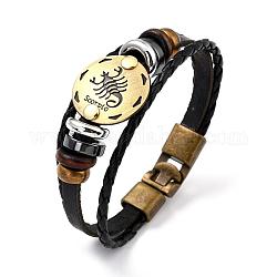 Braided Leather Cord Retro Multi-strand Bracelets, with Wood Beads, Hematite Beads and Alloy Findings, Flat Round,  Antique Bronze, Scorpio, 8-1/4 inch(21cm)