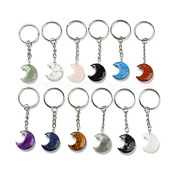 Reiki Natural & Synthetic Mixed Gemstone Moon Pendant Keychains, with Iron Keychain Rings, 7.8cm