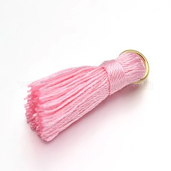 Nylon Tassel Pendant Decorations, with Golden Tone Iron Findings, Pink, 27~30x15mm, Jump Ring: 4mm, Hole: 4x2mm, 10pcs/bag