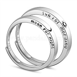 SHEGRACE Rhodium Plated 925 Sterling Silver Adjustable Couple Rings, Promise Ring, with Word Moon For Night and Sun For Morning, Platinum, Size 9, 19.3mm, Size 8, 18.3mm, 2pcs/set