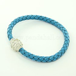 Braided Leather Cord Bracelet Makings, with Polymer Clay Rhinestone Beads and Brass Magnetic Clasps, Platinum Metal Color, DeepSky Blue, 210mm