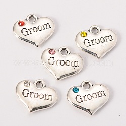 Wedding Theme Antique Silver Tone Tibetan Style Alloy Heart with Groom Rhinestone Charms, Mixed Color, 14x16x3mm, Hole: 2mm