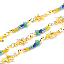 Chaînes perlées faites à la main en forme d'étoile en laiton, perles de verre, avec bobine, non soudée, véritable 18k plaqué or, 12~21x3.5~8x1.5~3.5mm, environ 32.81 pied (10 m)/rouleau