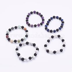 Frosted Natural & Synthetic Mixed Stone Beads Stretch Bracelets, with Iron Beads and Natural Lava Rock Beads, Platinum, 2-1/8 inch(53mm)