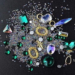 Point Back Rhinestone & Crystal AB Rhinestone & Tiny Caviar Nail Beads, Nail Art Decoration Accessories, Mixed Shapes, Emerald, 15g/box