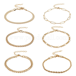 Anattasoul 6 шт. 6 стиля латунная веревка, фигаро, скрепка и набор браслетов с цепочкой для женщин, золотые, 7-1/8~8-3/8 дюйм (18~21.2 см), 1шт / стиль
