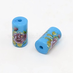 Flower Printed Opaque Acrylic Column Beads, DeepSky Blue, 16x9mm, Hole: 2mm