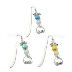 3 Colors Alloy Hook Bookmarks, with Acrylic Beads, Wing & Heart Pendant Book Marker, Mixed Color, 145mm, 3pcs/set