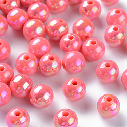 Perles acryliques opaques, de couleur plaquée ab , ronde, Saumon, 10x9mm, Trou: 2mm, environ 940 pcs/500 g