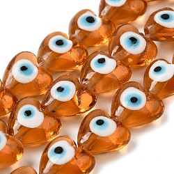 Corazón el mal de ojo hebras de abalorios de murano, coco marrón, 13~15x15x9mm, agujero: 2 mm, aproximamente 24 pcs / cadena, 11.4 pulgada