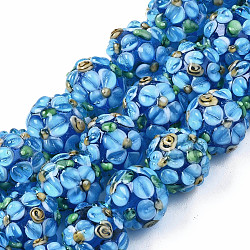 Hilos de abalorios de murano hechos a mano, desigual, redondo con flor, azul dodger, 12~13x11~12mm, agujero: 1 mm, aproximamente 45 pcs / cadena, 19.29 pulgada (49 cm)