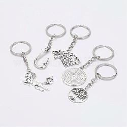 Alloy Pendant Keychain, with Iron Key Rings, Platinum and Antique Silver, Mixed Shapes, Antique Silver, 86~105.5mm
