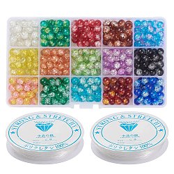 Bracelets bricolage, avec des perles rondes en verre craquelé peint, cordon de perles de cristal et conteneurs de stockage de perles en plastique, couleur mixte, 8mm, Trou: 1.3~1.6mm, environ 450 pcs / boîte