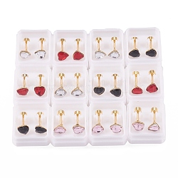 304 Stainless Steel Earlobe Plugs, Screw Back Earrings, with Glass, Heart, Golden, Mixed Color, 12.5mm, Pin: 1mm