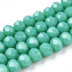 Chapelets de perles en verre opaque de couleur unie, facette, rondelle, vert de mer clair, 6x5mm, Trou: 1mm, Environ 85~88 pcs/chapelet, 16.1~16.5 pouce (41~42 cm)