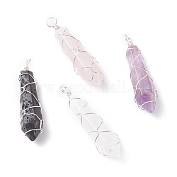 Natural Faceted Gemstone Pendants, with Silver Tone Copper Wire Wrapped, Bullet, 38.5x10x9.5mm, Hole: 4mm
