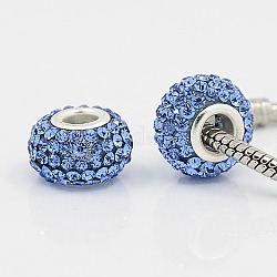 Grade A Rhinestone European Beads, Large Hole Beads, Resin, with Silver Color Plated Brass Core, Rondelle, Sapphire, 12x8mm, Hole: 4mm