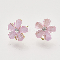 Alloy Rhinestone Stud Earring Findings, with Acrylic, Raw(Unplated) Pin and Loop, Flower, Golden, Pink, 12~13x12mm, Hole: 1.4mm, Pin: 0.7mm