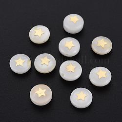 Perles de coquillages naturels d'eau douce, avec des ornements en métal en laiton doré, plat et circulaire avec étoile, couleur de coquillage, 8x4.5mm, Trou: 0.6mm